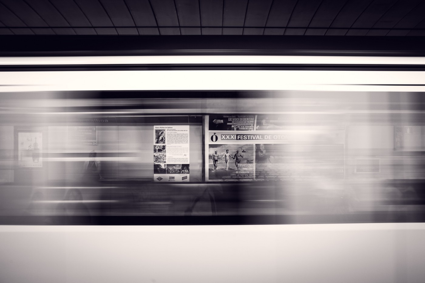 Black and white image of a blurred train going through a station